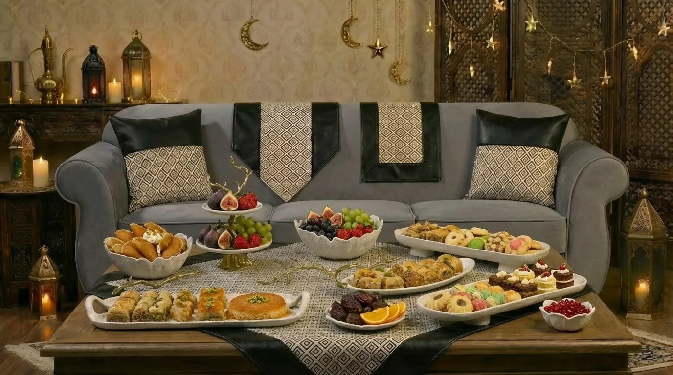 أطباق حلويات وفواكه على طاولة بفوانيس رمضان