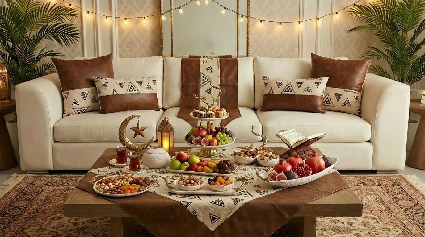 سفرة رمضان على طاولة قهوة أمام كنبة بيضاء